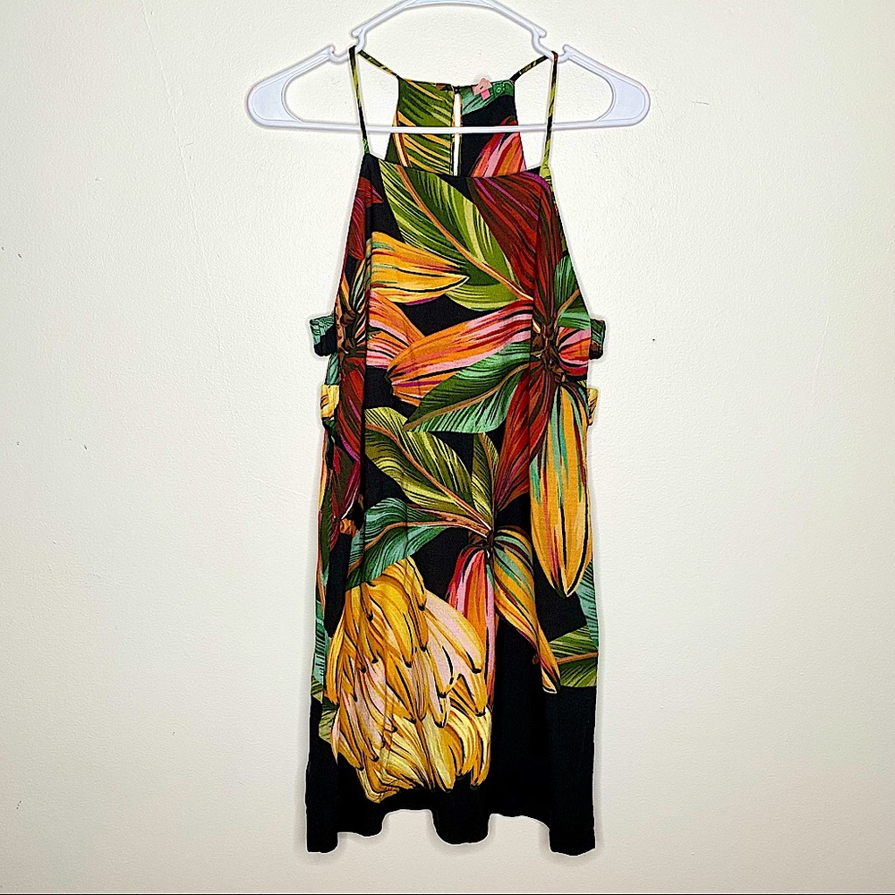 FARM Rio Banana Floral Black Cutout Mini Dress